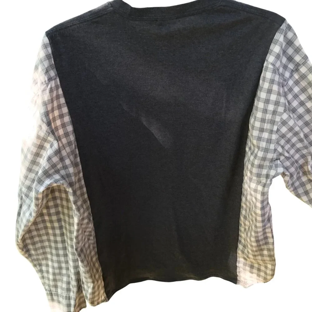 Upcycled Reworked Graphic T-Shirt, Saxophone Theme Plaid Shirt, Size S - M - Picture 4 of 12
